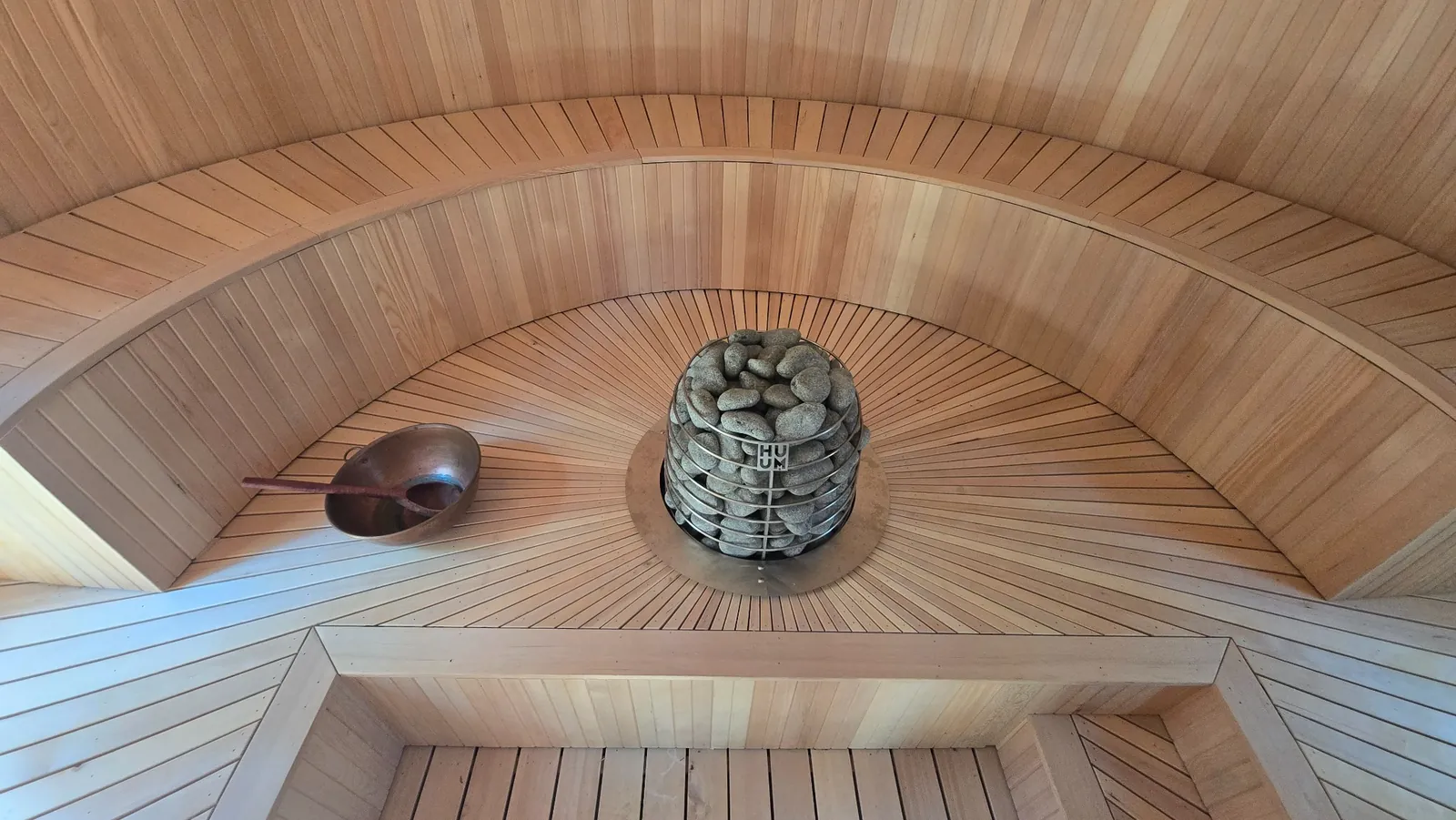 Finished custom round sauna in the Applegate Valley, Oregon