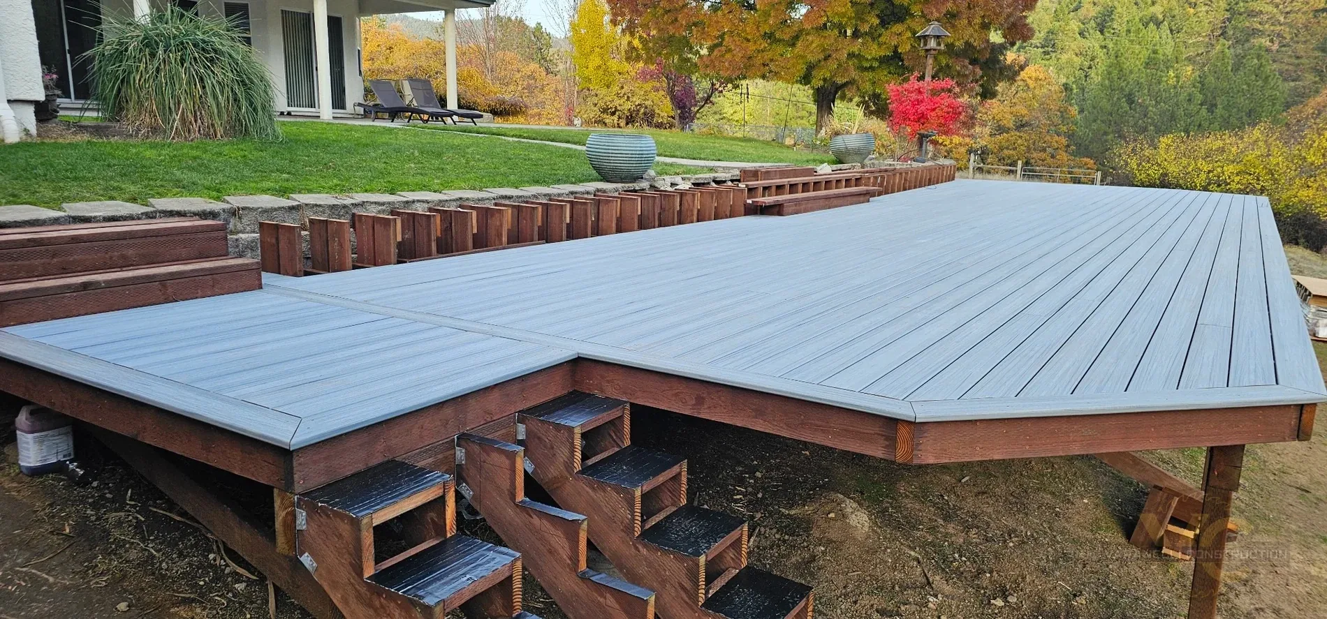 Large Gold Hill deck with Trex composite decking installed while stair framing remains in progress