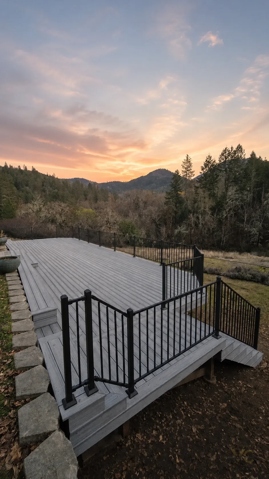 Composite deck and metal railing by Varanelli Construction at sunset